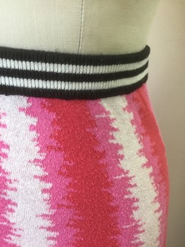 TOPSHOP, Paprika Red, Hot Pink, White, Black, Cotton, Nylon, Stripes - Vertical , Abstract , Shades of Pink and White Abstract Vertical Stripes, Lightweight Knit, Black and White Rib Knit 1" Wide Waistband, Pencil Skirt, Hem Below Knee
