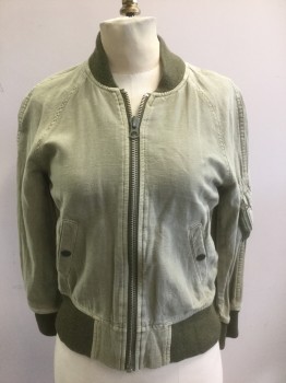 R13, Lt Olive Grn, Olive Green, Cotton, Hemp, Solid, Faded/Light Olive Lightweight Woven with Darker Olive Rib Knit Neck, Cuffs and Waistband, Zip Front, Raglan Sleeves, 2 Welt Pockets & 1 Zip Pocket on Sleeve