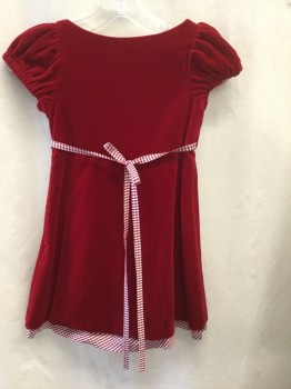 Childrens, Party Dress, Papo D'anjo, Red, White, Cotton, 6 Year, Velvet, Short Puffed Sleeves, Empire Waist with Red and White Plaid Piping. Plaid Attached  Peekaboo Underskirt, Side Zipper. Matching Plaid Tie Straps at Waist.