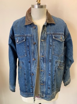 WRANGLER, Denim Blue, Chocolate Brown, Cotton, Synthetic, Faded, Color Blocking, Button Front, Leather Collar, 4 Large Pockets, Button Cuffs, Leather Logo on Back, Plaid Lining **faded/brown Discoloration on Front
