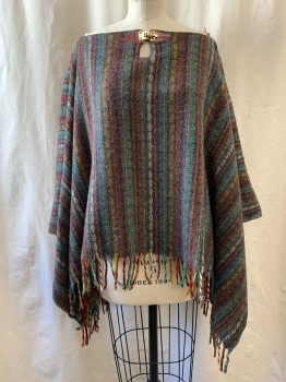 Womens, Poncho, FOX321, Red Burgundy, Teal Blue, Jade Green, Yellow, Red Burgundy, Wool, Stripes - Vertical , O/S, Pullover, Boat Neckline, Fringe Edges, Key Hole with Brown Leather Straps & Gold Buckle
*Moth Holes on Right Arm