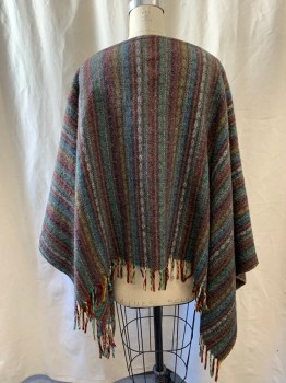 Womens, Poncho, FOX321, Red Burgundy, Teal Blue, Jade Green, Yellow, Red Burgundy, Wool, Stripes - Vertical , O/S, Pullover, Boat Neckline, Fringe Edges, Key Hole with Brown Leather Straps & Gold Buckle
*Moth Holes on Right Arm