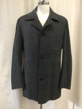 HUGO BOSS, Black, Gray, Wool, Houndstooth, Button Front, Collar Attached, Long Sleeves, 2 Pockets