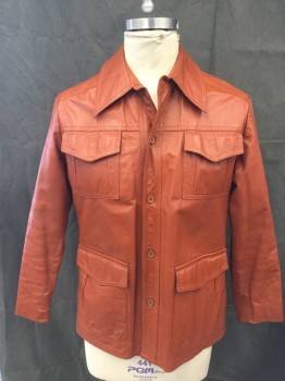 Mens, Leather Jacket, MCGREGOR, Clay Orange, Faux Leather, Solid, 44, Button Front, Collar Attached, 4 Flap Pockets, Long Sleeves, Side Slits (ripping a Bit)