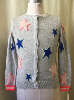 Childrens, Cardigan Sweater, MINI BODEN, Heather Gray, Navy Blue, Neon Green, Neon Pink, Lt Pink, Cotton, Synthetic, Stars, Stripes, 6-7, Button Front, Colorful Star Print, Neon Pink & Light Pink Stripped Sleeve Trim