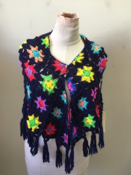 Womens, Shawl, N/L, Navy Blue, Multi-color, Acrylic, Novelty Pattern, S, Crochet, Fringed, 2 Silver Buttons