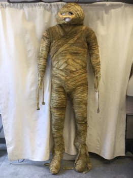 Mens, Historical Fiction Piece 1, MTO, Lt Brown, Dk Beige, Cotton, Solid, Graphic, W 34, CH 41, H 40, Aged, Gauze/cotton Wrapped Mummy, Zip Back with Velcro Closures, Faded Black Hieroglyphic Graphic Print, Head & Feet Attached with Button Closures