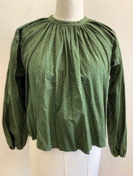 Womens, Historical Fiction Blouse, N/L, Forest Green, Lime Green, Cotton, Abstract , Calico , B:44, Long Sleeves, Round Neck, Buttons in Back,  Gathered at Neckline, Elastic Cuffs, Gussets at Underarms, Made To Order Prairie Frontier Woman