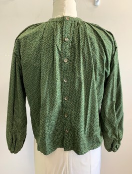 Womens, Historical Fiction Blouse, N/L, Forest Green, Lime Green, Cotton, Abstract , Calico , B:44, Long Sleeves, Round Neck, Buttons in Back,  Gathered at Neckline, Elastic Cuffs, Gussets at Underarms, Made To Order Prairie Frontier Woman