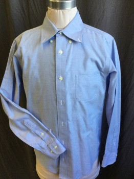 BROOKS BROTHERS, Baby Blue, Cotton, Oxford Weave, Collar Attached, Button Down, Button Front, 1 Pocket, Long Sleeves, Curved Hem