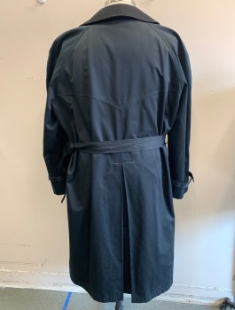 JOS.A.BANK, Black, Cotton, Polyester, Solid, Double Breasted, Felt Collar Attached, Raglan Sleeves, 2 Welt Pockets, ***With Belt & Detachable Liner