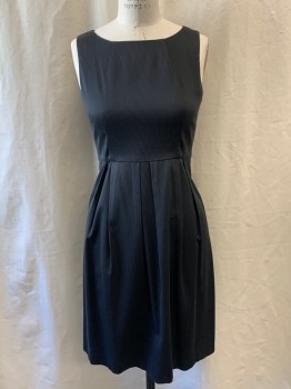 Womens, Cocktail Dress, THEORY, Black, Gray, Cotton, Synthetic, Stripes - Vertical , 6, Bateau Neckline, Sleeveless, Zip Back, Pleated Skirt, Hem Above Knee