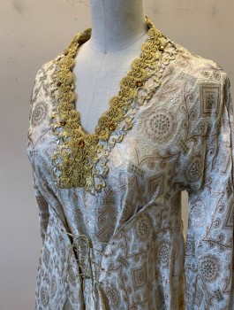 Womens, Historical Fiction Dress, N/L MTO, Champagne, Cream, Silk, Medallion Pattern, B <32", XXS, Brocade, Long Bell Sleeves with Contrasting Gold Edges, Gold and Silver Lace Trim at Cuffs and V-neck, Lace Up Panel at Front Waist, Floor Length, Train, Made To Order Medieval Royalty