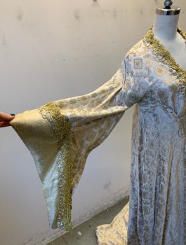 N/L MTO, Champagne, Cream, Silk, Medallion Pattern, Brocade, Long Bell Sleeves with Contrasting Gold Edges, Gold and Silver Lace Trim at Cuffs and V-neck, Lace Up Panel at Front Waist, Floor Length, Train, Made To Order Medieval Royalty