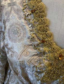 N/L MTO, Champagne, Cream, Silk, Medallion Pattern, Brocade, Long Bell Sleeves with Contrasting Gold Edges, Gold and Silver Lace Trim at Cuffs and V-neck, Lace Up Panel at Front Waist, Floor Length, Train, Made To Order Medieval Royalty