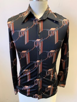 Mens, Casual Shirt, ROLAND, Black, Brown, Terracotta Brown, Gray, Nylon, Geometric, Abstract , N:16, L, Stretchy, Long Sleeves, Button Front, Collar Attached, Qiana Shirt, Disco