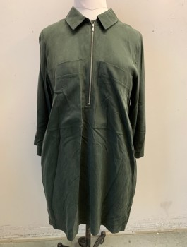 Womens, Dress, Long & 3/4 Sleeve, COS, Dk Olive Grn, Lyocell, Solid, Sz.10, Long Sleeves, Zipper at Neck, Collar Attached, 2 Patch Pockets at Chest, Mini Dress or Long Tunic Top,  2 Side Seam Pockets at Hips
