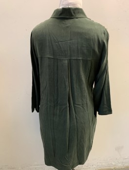 COS, Dk Olive Grn, Lyocell, Solid, Long Sleeves, Zipper at Neck, Collar Attached, 2 Patch Pockets at Chest, Mini Dress or Long Tunic Top,  2 Side Seam Pockets at Hips