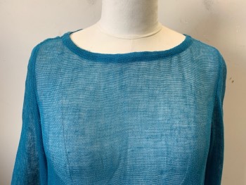 N/L, Teal Blue, Rayon, Linen, Solid, Sheer Rayon, Wide Linen Rectangle at Hems and at Cuffs, Pullover,