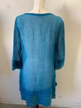 N/L, Teal Blue, Rayon, Linen, Solid, Sheer Rayon, Wide Linen Rectangle at Hems and at Cuffs, Pullover,