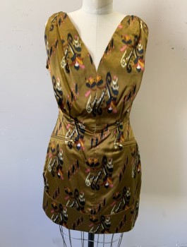 FRENCH CONNECTION, Ochre Brown-Yellow, Black, Pink, White, Mustard Yellow, Silk, Cotton, Abstract , Satin, Plunging V-neck, Gathered at Shoulders, Hem Mini,  2 Gold Zipper Pockets at Hips, Exposed Gold Zipper Down Center Back