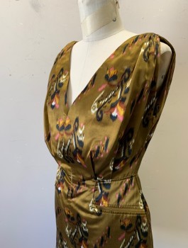 FRENCH CONNECTION, Ochre Brown-Yellow, Black, Pink, White, Mustard Yellow, Silk, Cotton, Abstract , Satin, Plunging V-neck, Gathered at Shoulders, Hem Mini,  2 Gold Zipper Pockets at Hips, Exposed Gold Zipper Down Center Back