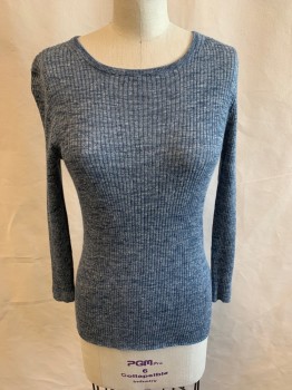 J CREW, Lt Blue, Dk Blue, White, Linen, Polyester, Heathered, Round Neck,  Long Sleeves, Ribbed