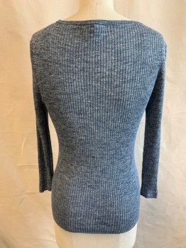 J CREW, Lt Blue, Dk Blue, White, Linen, Polyester, Heathered, Round Neck,  Long Sleeves, Ribbed