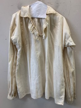 NL, Ecru, Linen, Solid, 2 Covered Button Collar and Cuffs ,ruffle on Vneck Gathered Front and Back