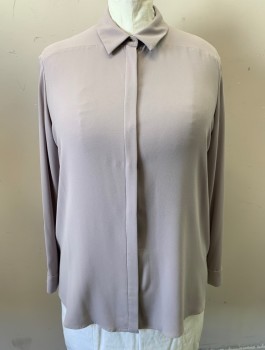 MM. LA FLEUR, Taupe, Acetate, Polyester, Solid, Charmeuse, Long Sleeves, Button Front, Collar Attached