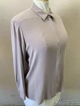 MM. LA FLEUR, Taupe, Acetate, Polyester, Solid, Charmeuse, Long Sleeves, Button Front, Collar Attached