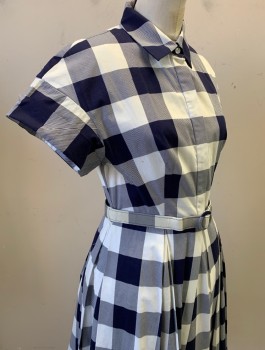 ELIZA J, White, Navy Blue, Cotton, Spandex, Gingham, Large Gingham Print, Short Sleeves, Shirtwaist, Collar Attached, Retro Style, A-Line Skirt with Box Pleats, Knee Length, **With Matching Structured Fabric Belt