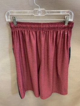 Mens, Shorts, REEBOK, Maroon Red, Gray, Polyester, Spandex, Solid, Color Blocking, S, S/S Gray Stripe, Elastic Waist with Drawstring