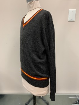 NO LABEL, Charcoal Gray, Red, Yellow, Acrylic, Stripes, L/S, V neck,