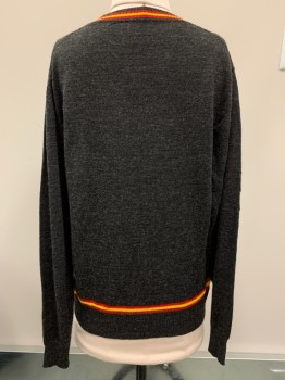 NO LABEL, Charcoal Gray, Red, Yellow, Acrylic, Stripes, L/S, V neck,