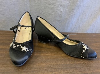 Womens, Shoes, N/L MTO, Black, Silk, Rhinestones, 8, Made To Order, Satin Dance Shoes with Rhinestones and Silver Jeweled Stars, Almond Toe, Mary Jane Style Strap, Low 1.5" Heel