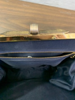 Womens, Purse, N/L, Cerulean Blue, Leather, Solid, Rectangular Shape with Gold Metal Bow Shaped Clasp, Short Leather Handle, Midnight Blue Faille Lining, in Good Condition with Just a Few Minor Scuffs