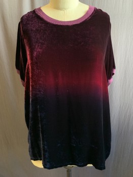 JOHNNY WAS, Red Burgundy, Navy Blue, Rayon, Silk, Ombre, Velvet, Scoop Neck, Ribbed Knit Neck/Cuff, Short Sleeves, Square Shape
