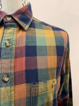 Mens, Casual Shirt, WOOLRICH, Orange, Navy Blue, Multi-color, Cotton, Plaid, 16, M, 34, C.A., Button Front, L/S, 2 Pockets 