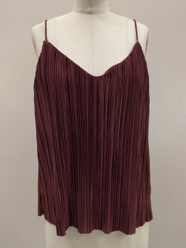 H & M, Red Burgundy, Polyester, Solid, Spaghetti Strap, V Neck, Pleated,