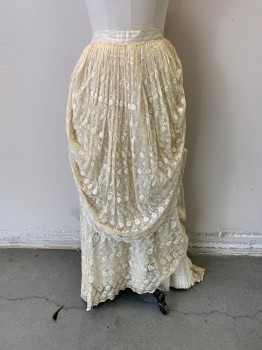 Womens, Historical Fiction Piece 2, NL, Cream, Silk, Floral, W: 28, Bridal, Solid Waist Band, All Over Lace, Draped at Front and Back, Solid Under Lay with Pleated Hem, Hem Shorter at the Front, Short Train at Back, Snap Buttons & Hook & Eyes at Back Waist