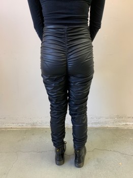 Womens, Leather Pants, K TOO, Black, Polyester, Spandex, Solid, S, Elastic Waist, High Waisted, Leggings, Rouched Seams, MULTIPLE