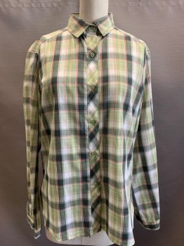 Womens, Shirt, PRESENT CO, Lt Green, Dk Green, Red, White, Polyester, Cotton, Plaid, 11/12, Button Front, L/S, C.A.,