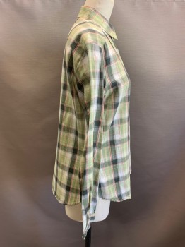 Womens, Shirt, PRESENT CO, Lt Green, Dk Green, Red, White, Polyester, Cotton, Plaid, 11/12, Button Front, L/S, C.A.,