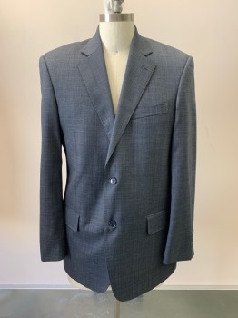 ROSSINI, Slate Gray, Navy Blue, Lt Brown, Wool, 2 Color Weave, Plaid, Notched Lapel, Single Breasted, Button Front, 2 Buttons, 3 Pockets