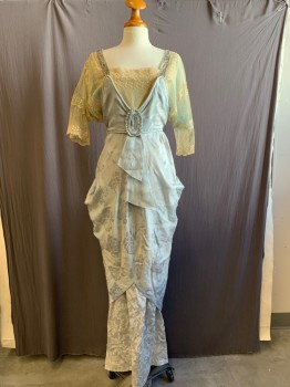 Womens, Evening Dress 1890s-1910s, N/L, Lt Blue, Antique White, Silk, Floral, W 24, B 32, H 34, Jacquard, Lace Bodice, 3/4 Sleeves, Pale Blue Netting Under Sleeve, Silver Glass Beading with Rhinestone Detail, Hook & Eyes at Back Panel, Train with Slit Fishtail, Weighted