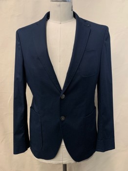 Boss, Navy Blue, Cotton, Elastane, Solid, 2 Buttons, Single Breasted, Notched Lapel, 3 Pockets,