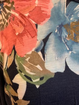 ALFRED DUNNER, Navy Blue, Multi-color, Polyester, Spandex, Floral, 3/4 Sleeve, Braided Scoop Neckline, Rhinestones at Neckline Slits at Sides Hem