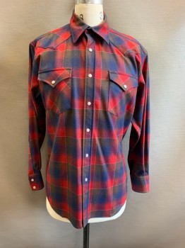 Mens, Western, PENDLETON, Red, Navy Blue, Brown, Wool, Poly/Cotton, Plaid, M, Collar Attached, Snap Front, 2 Pockets with Flap & Snap Button, Long Sleeves