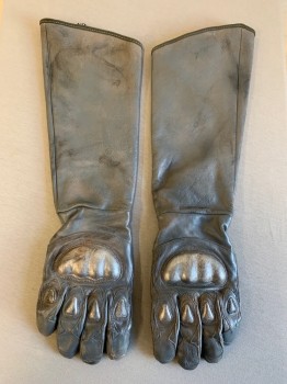Unisex, Sci-Fi/Fantasy Gauntlets, N/L MTO, Gray, Metallic, Leather, XL, Pair, Leather Motorcycle Gloves, Elbow Length, Molded Knuckles with Metallic Finish, Aged/Scuffed Throughout, Multiples